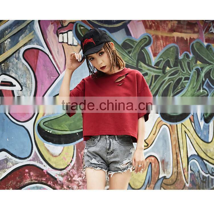 Wholesale Custom T Shirt Manufacturer Women thin 100%cotton short sleeve ripped t shirt with distressed