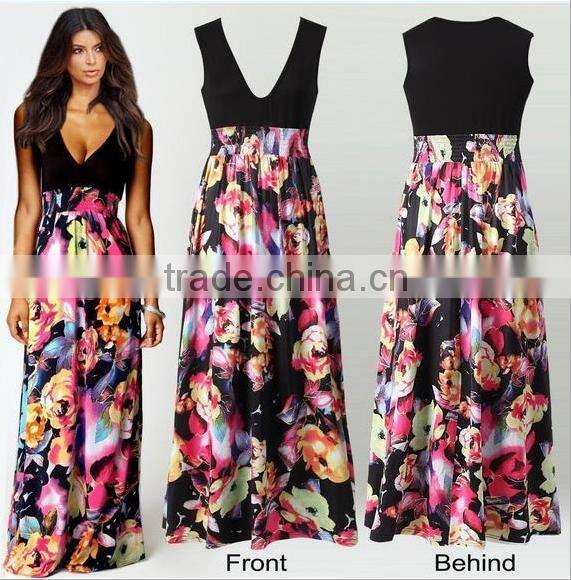 2016 NEW Fashion print floral dress deep V-neck sleeveless maxi dress