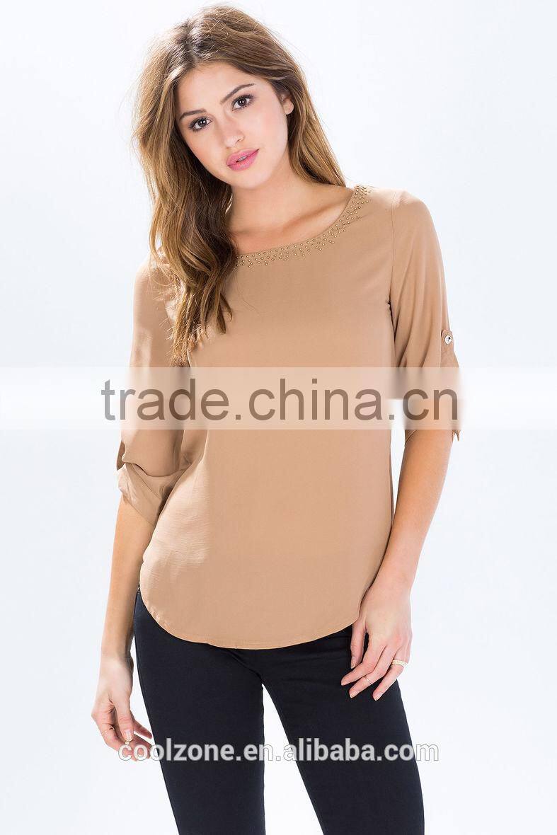 Latest roll sleeves beaded woman blouse fashion blouse for daily life