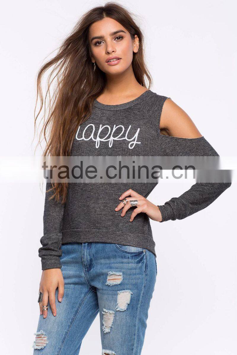 Sexy cold-shoulder graphic print crewneck sweatshirt womens clothing fall 2015