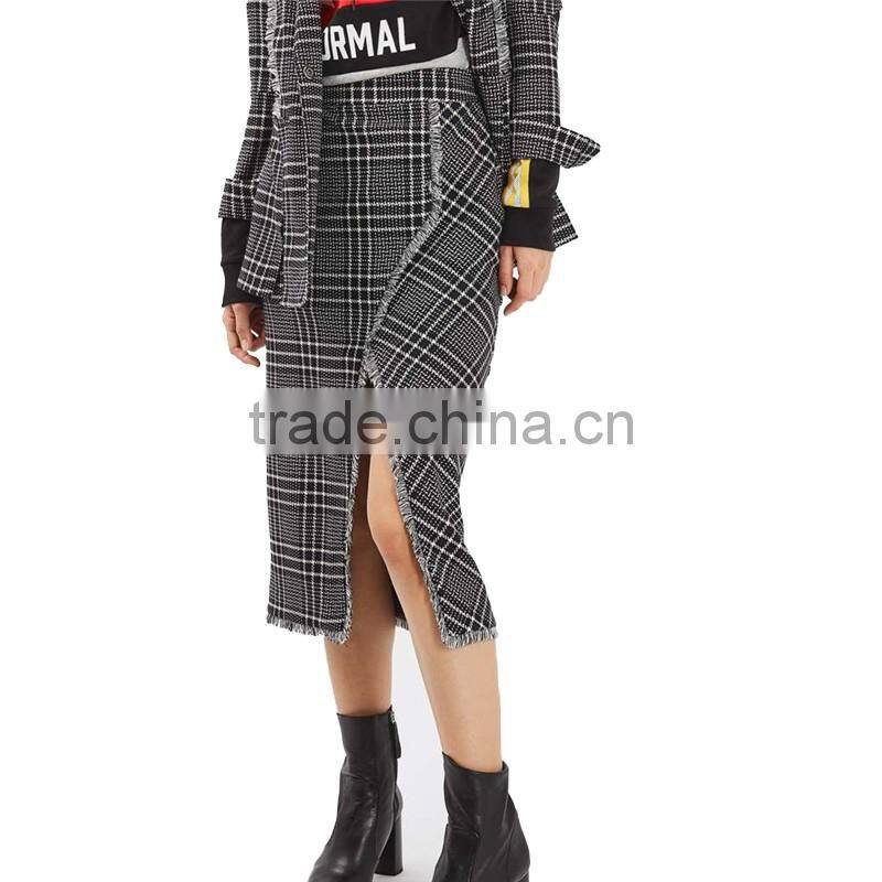 2017 OEM Spring Retro Frayed Hem Splited Checkered Skirt