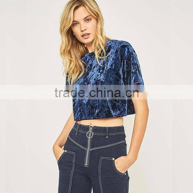 Slight blink crushed velvet O-neck short sleeves cropped t shirt tank tops