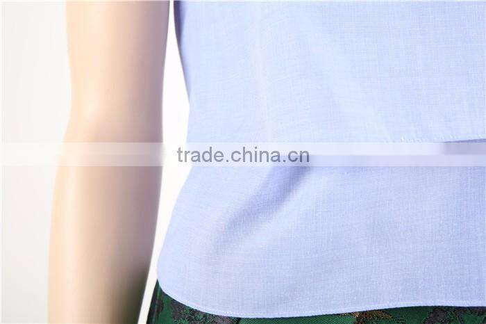 short sleeve blue women fashion cutting blouse with side zipper