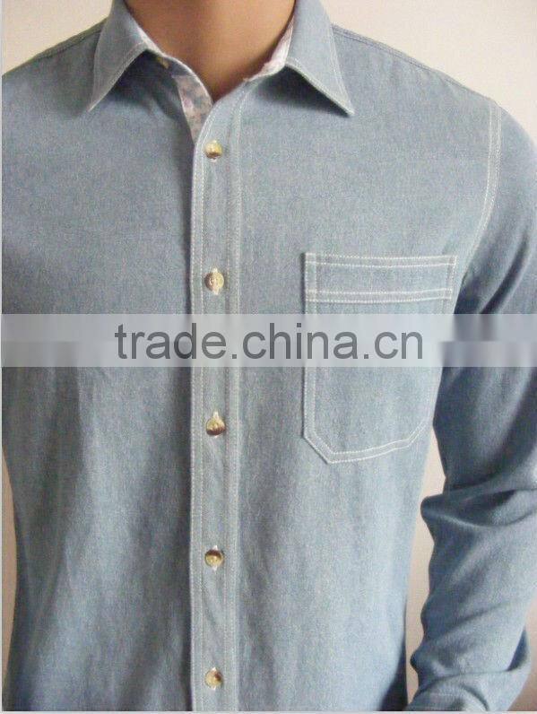 Light blue100%Pure Cotton Washed Denim/Retro Cowboy Shirt for men with Printed collar