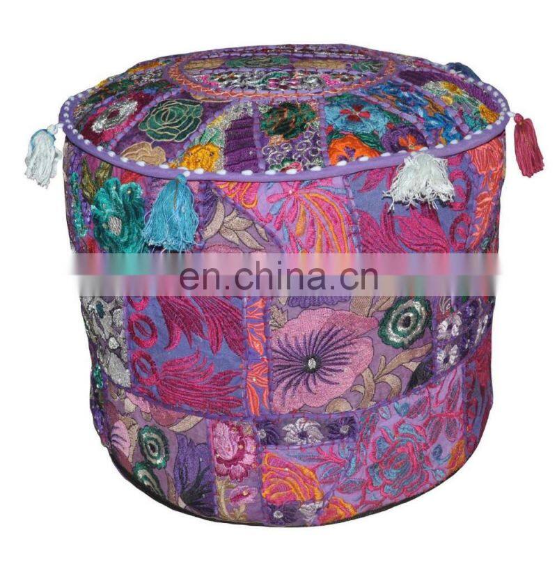 Indian Embroidery Design Handmade Patchwork Round Ottoman Pouf Cover