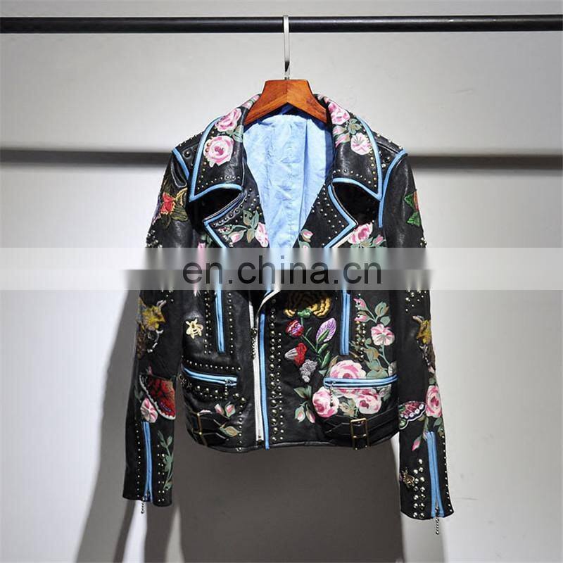 New Arrival Embroidery Leather Jacket for Women Real Motorcycle Leather Jacket