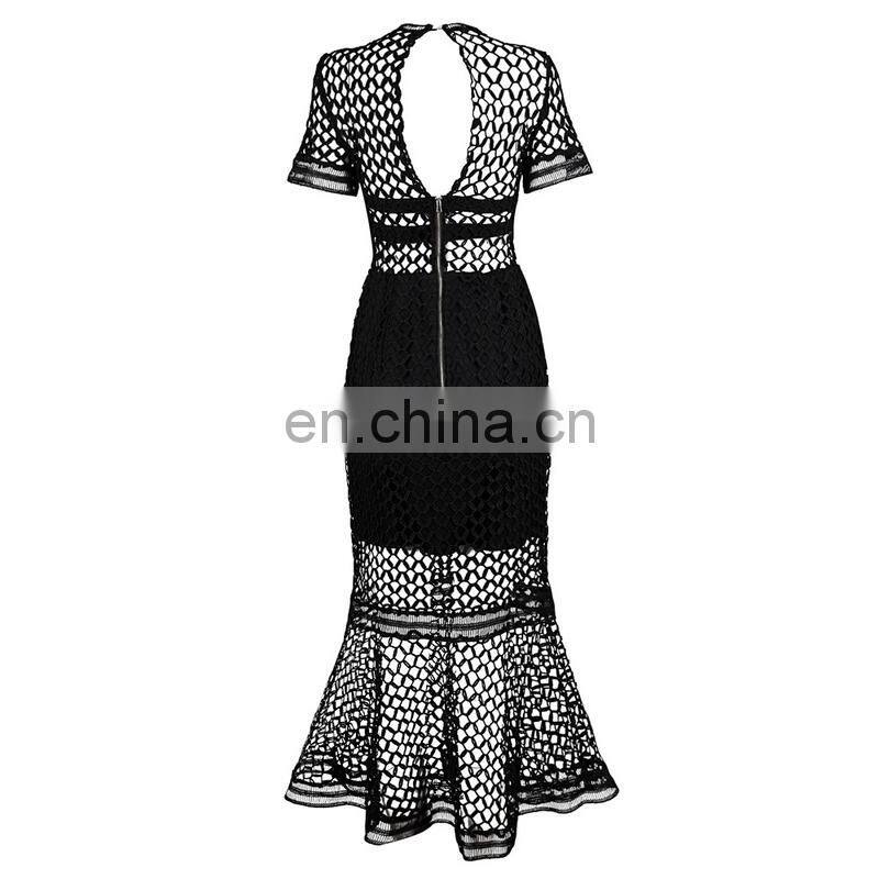 Long merdaid skirt hollow out and tube top inside mesh dress