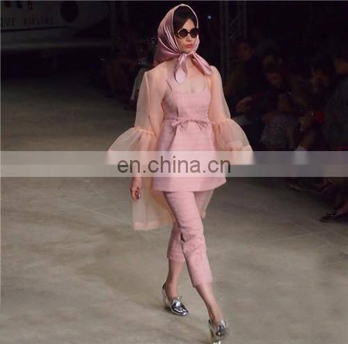 high quality pink lace long sleeve with transparent halter hollow fashion show jumpsuit