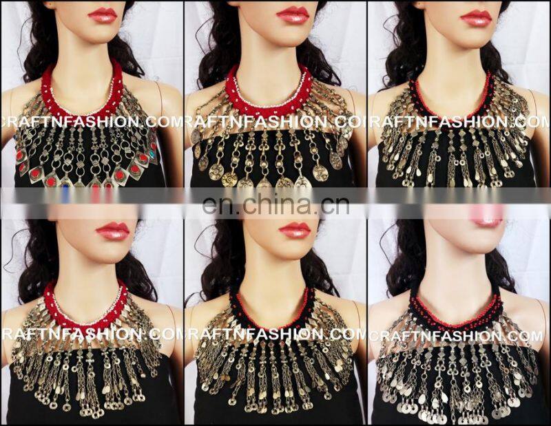 Belly Dance Costume 1960s Ethnic Statement Necklace Vintage Style Kuchi Necklace - Afghan Bib Tribal Jhummer Necklace set