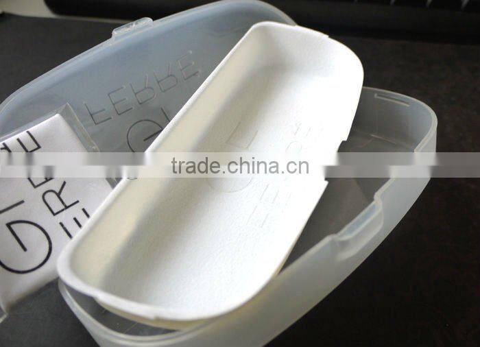 Plastic eyeglass case with logo and cloth