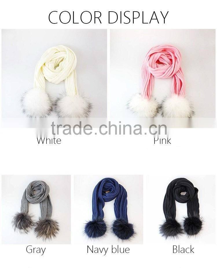 RRSC001D Genuine raccoon fur pompom scarf New winter thick White acrylic warm striped knitted scarves wool shawl