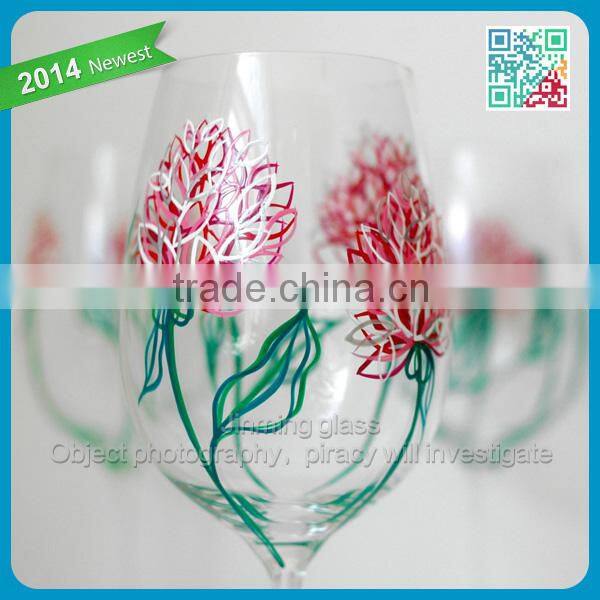 2014 Newest Novel fashion Pink Peonies Wine Glass Set of 4 Hand Painted Glasses