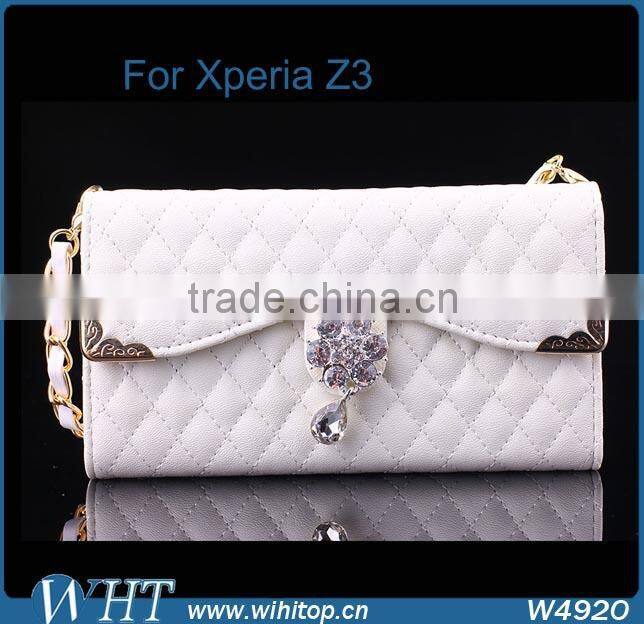 Hot New Products 2015 Trifold Design for Sony Xperia Z3 Wallet Case with Elegant Chain