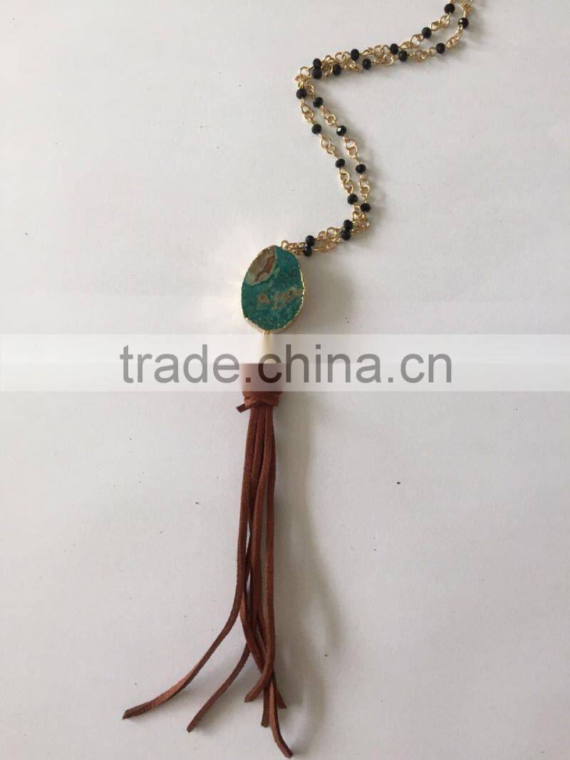 Latest Popular Natural Stone Beads Jeweled Slim Velvet Tassel Necklaces