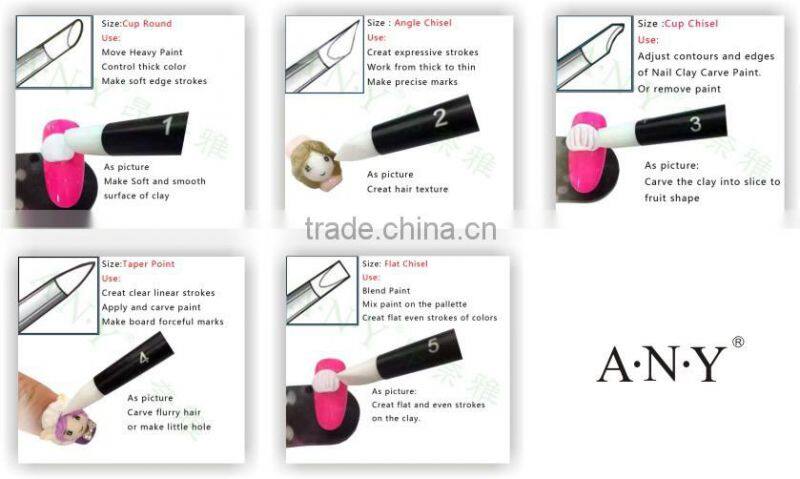 ANY Nail Art Design 3D Carving Crystal Handle 5PCS Silicone Brush Set