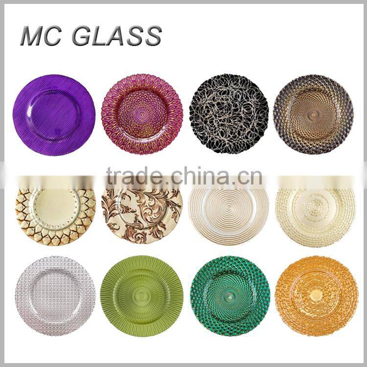 Hot New Wedding Purplish Blue Peacock Design Glass Charger Plate Wholesale