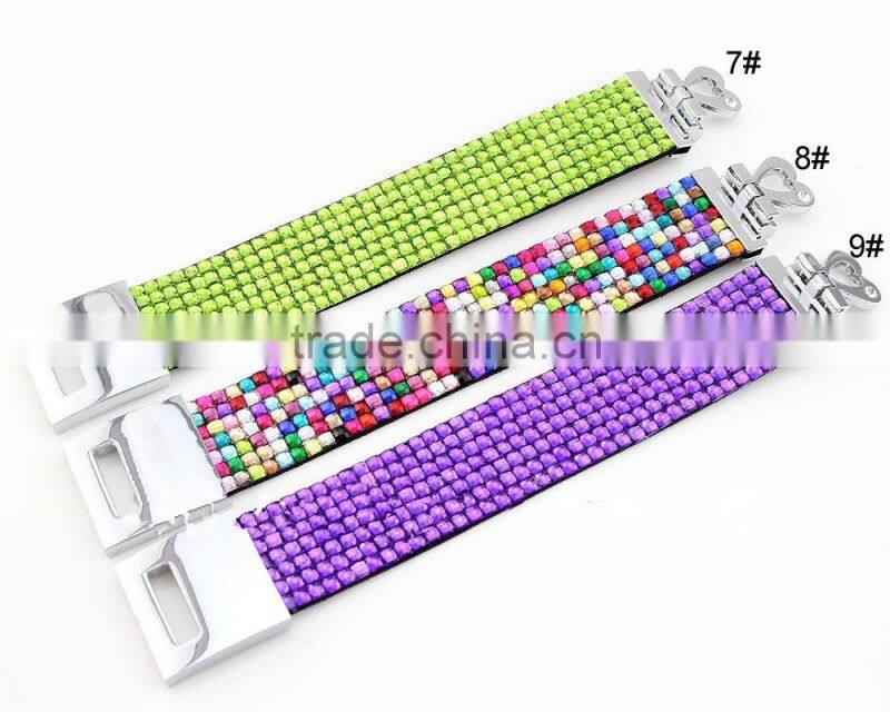 Fashion New 7 Row Crystal Rhinestone Bracelet Bling Cuff with Cute Silver Hear Clasp 11color