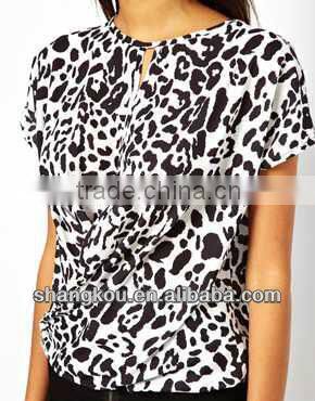 2013 high fashion design women summer Leopard Print Top crew neck line and short sleevle tops and blouse shkz85