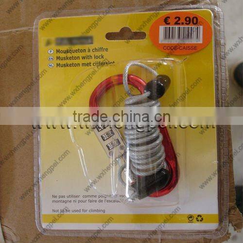 aluminum carabiner hook with rope&coded lock/ bicycle carabiner lock with cable/ bicycle combination lock set