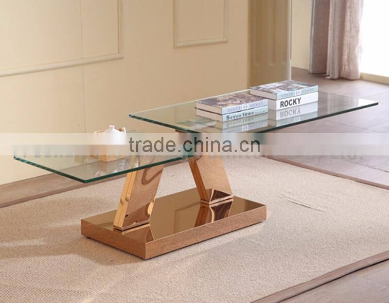 glass adjustable coffee table with rose golden stainless steel