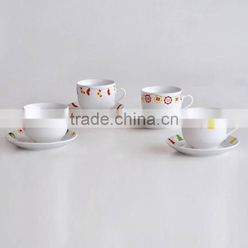 8PCS Ceramic Cup and Saucer with Decal Printing, Set of 4 250CC Cup and Saucer