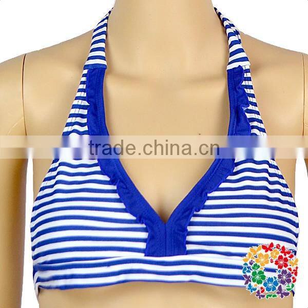 Women Blue Stripe Halter Swimsuit Beachwear Custom Bikini Swimwear