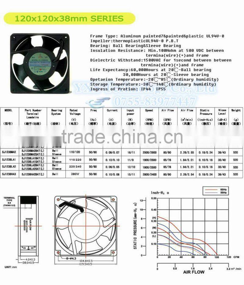 SJ1238HA2 12cm 12038 220V-240V 0.13A 2P Axial fan Double ball Cooling fan