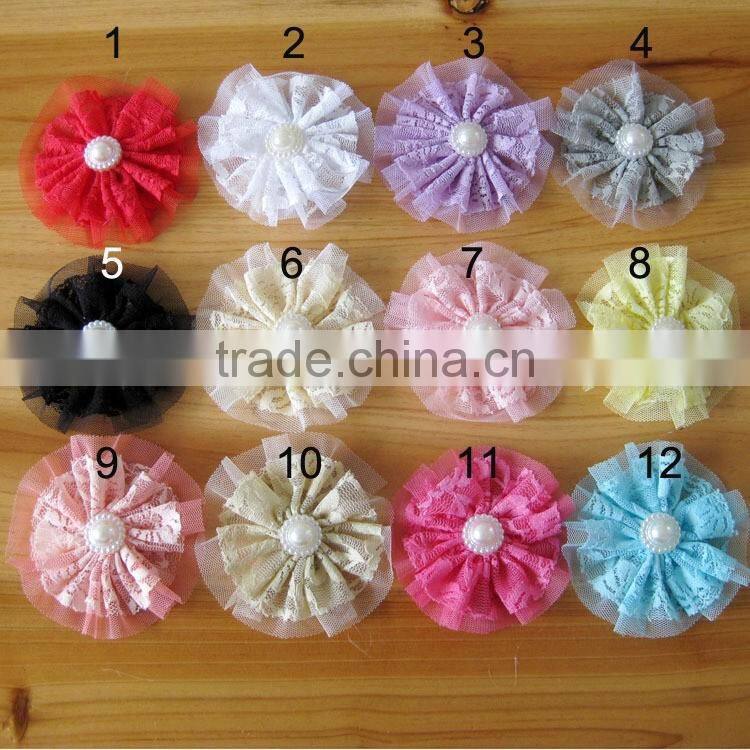lace flower with pearl bead in center for kids hair accessories