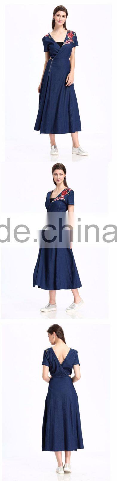 Domin fashion V-neck long one piece embroidery dress