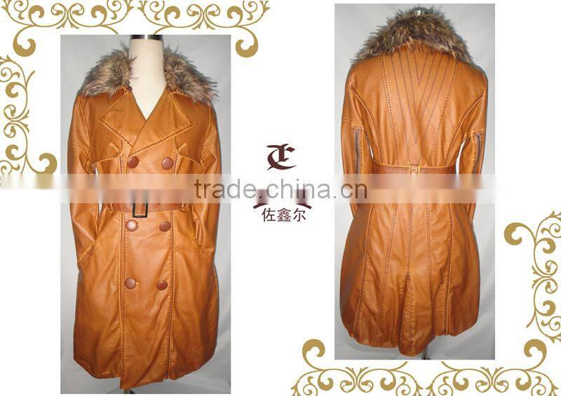 2014 newest women long leather coat with big fur collar