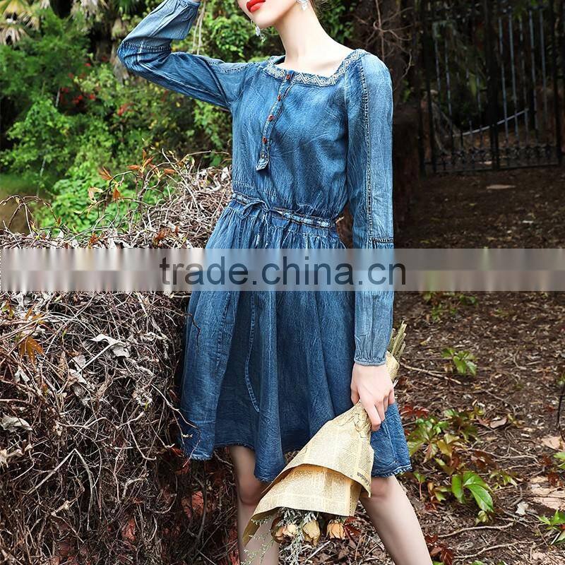 Maxnegio cute vintage style denim knee-lenth slim dress