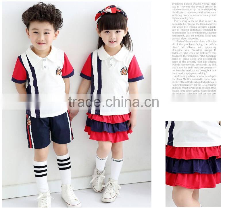 China Wholesale Boys and Girls Customised Cotton Summer school uniform design with pictures short sleeves T-shirts trouser skirt