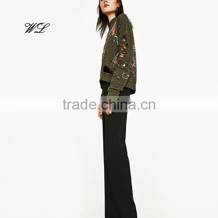 2017 Custom Distress Metallic Printed Lady Pullover Crewneck Plain Knit Fabric Sweatshirts