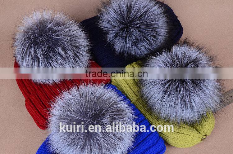 knitted hat with snap silver fox fur ball on top