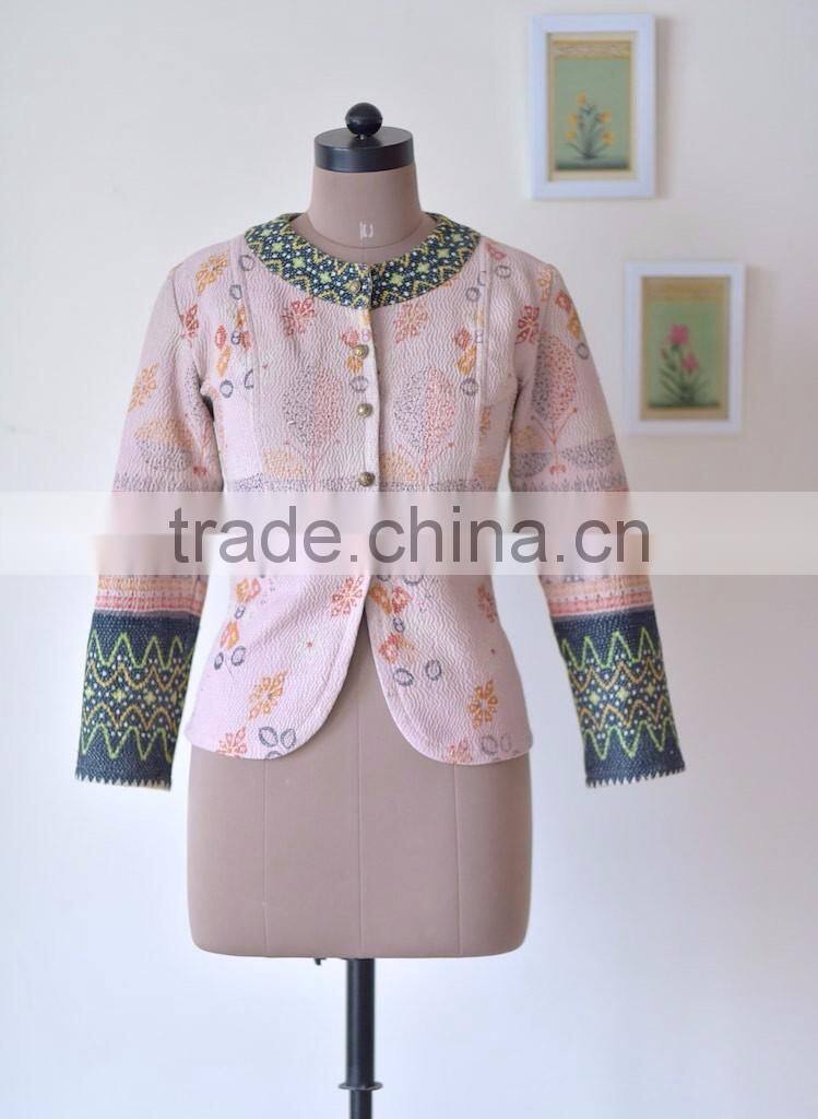 Handmade Boho Jacket with Embroidery, Made of Kantha Fabric ~ Large