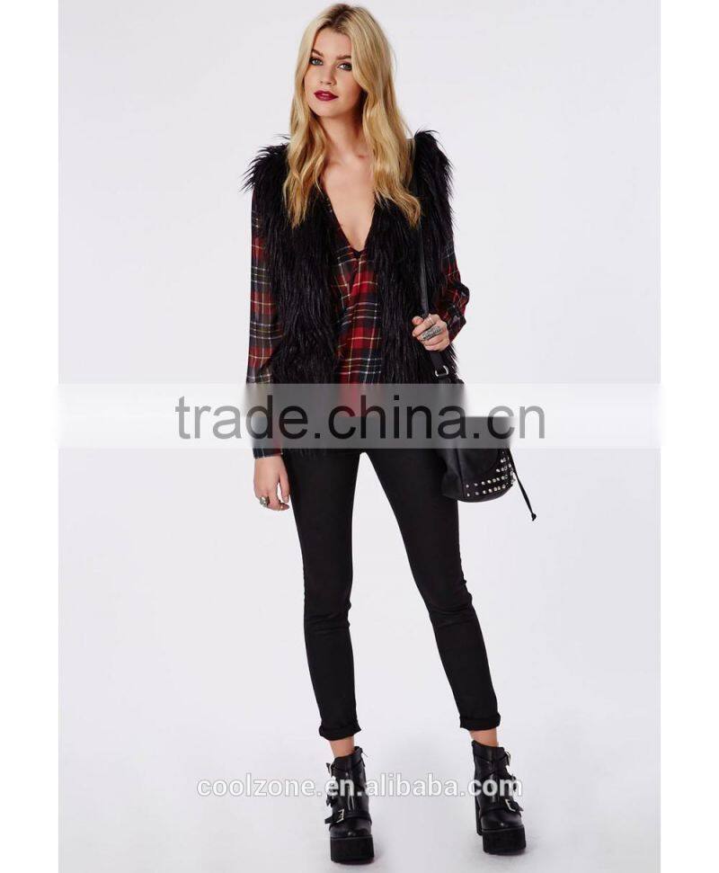 90's Deep plunge wrap over style 2015 new design chiffon ladies blouse