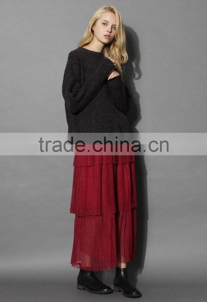 2016 Guangzhou Shandao Supplier Latest Model Good Quality Women Summer Casual 3 Layers Pleated Red Long Chiffon Skirt