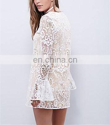 Full Lined Bell Sleeve White Lace Short Kaftan Dresses NT6724