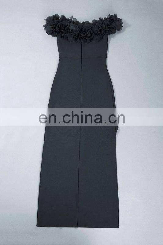 Amigo 2017 new designer sex black off-shoulder flower long slit tube bandage dress maxi evening dresses for women party wear