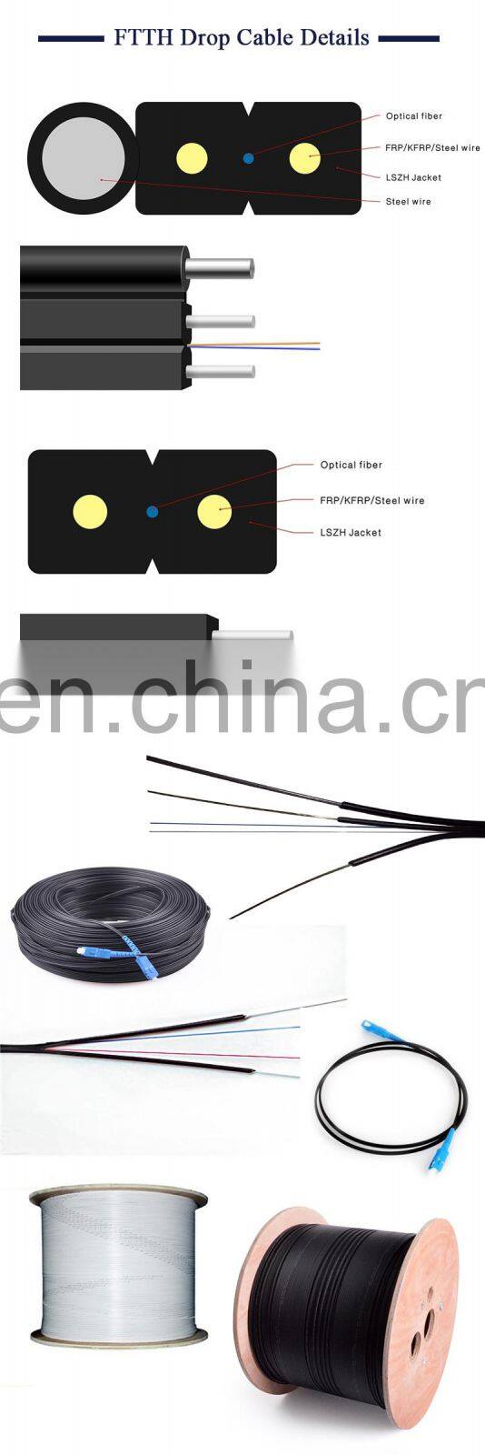 Factory price 1 2 4 6 8 CORES indoor outdoor KFRP Aerial FRP FTTH fiber optic drop cable