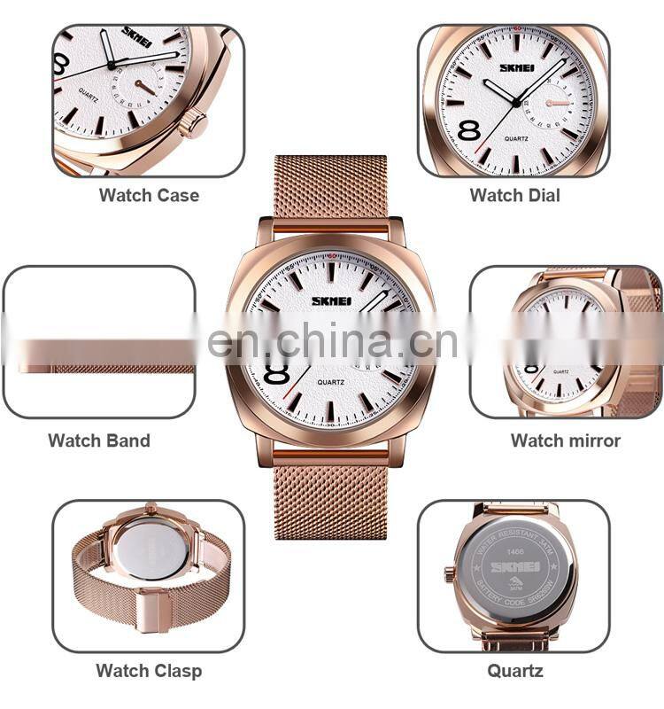 Skmei 1466 Luxury Rose Gold Mesh Watch Wholesale 3 Atm Leather Waterproof Quartz Watch for Men