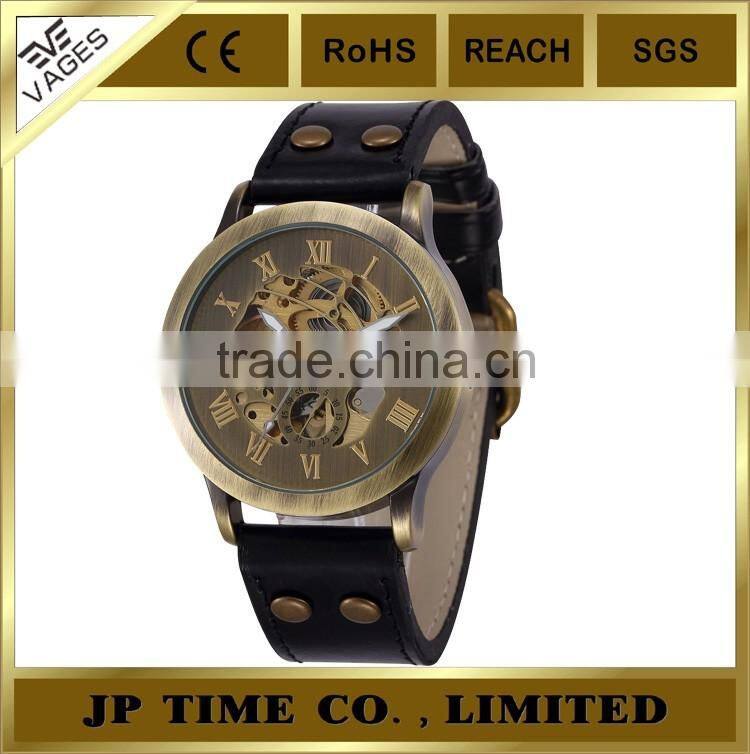 New Retro Skeleton Automatic Mechanical Vintage Leather copper wrist watch