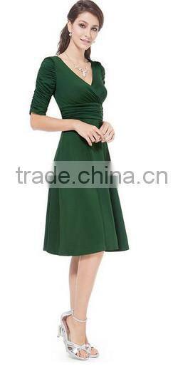 3/4 Sleeve Ruched Waist Classy V-Neck Casual Cocktail Dress manufacture /lady dress