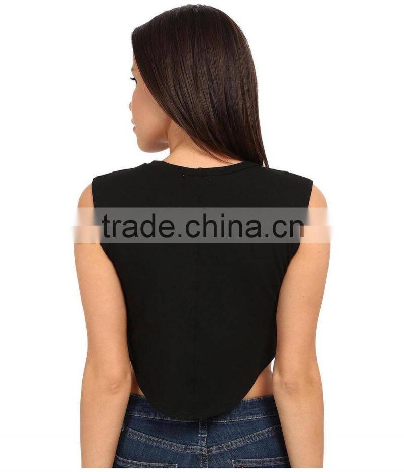 OEM 2016 Wholesale Womens Tank Knit High -Low Flat Spandex Stretch Tank Cropped Black Tank