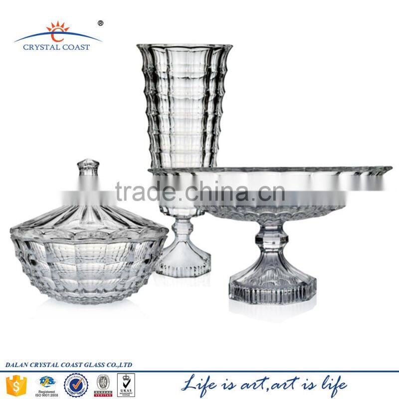 round flat glass fruit plate, decorative glass plate with stem