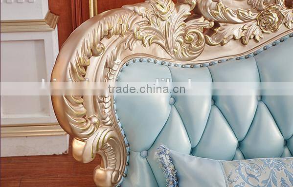 Champagne gold color flower hand carving light blue leather sofa set