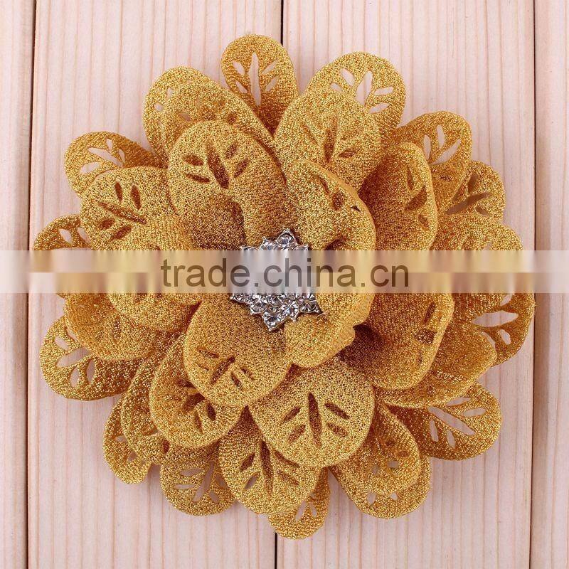 hot cutting fabric flower with rhinestone center for kids hair accessories