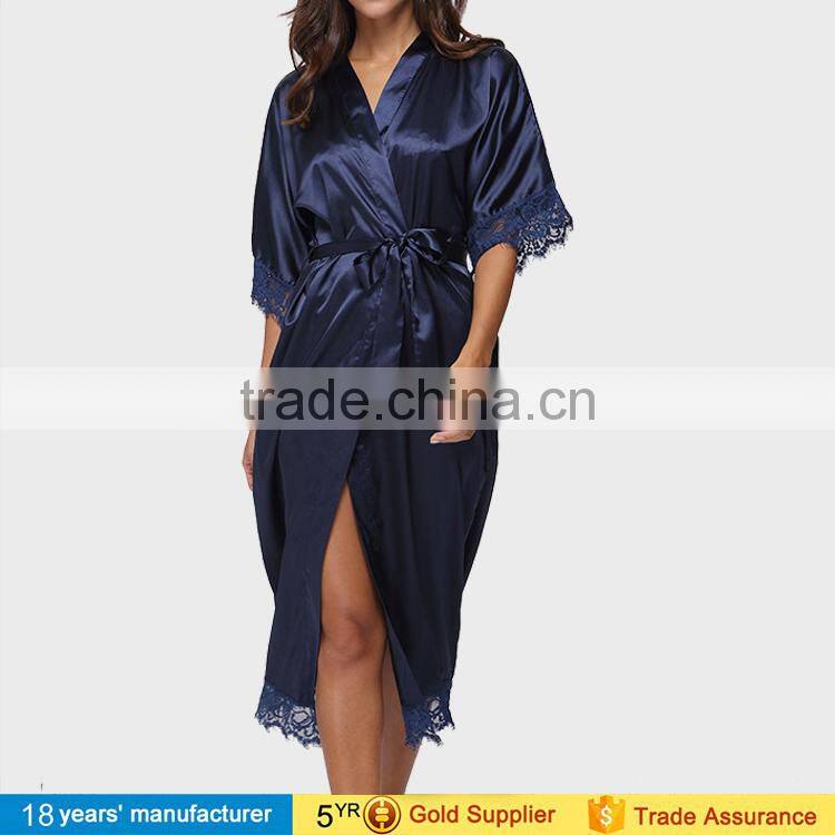 2017 women wholesale cheap summer silk lingerie pajama wedding bathrobe nightgown long satin kimono bridesmaid robes with lace