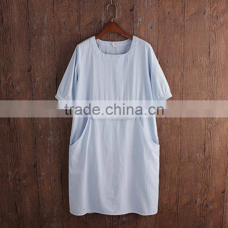 Hospital gown with round collar wear cotton and linen dress striped short sleeve in summer patient clothes for girl women