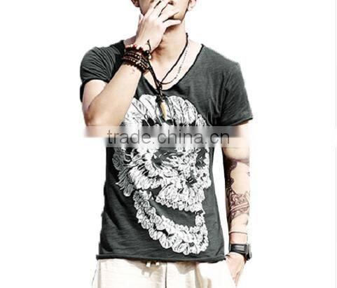 2016 Men Deep V Neck Summer Cotton Skull Print Slim T Shirt